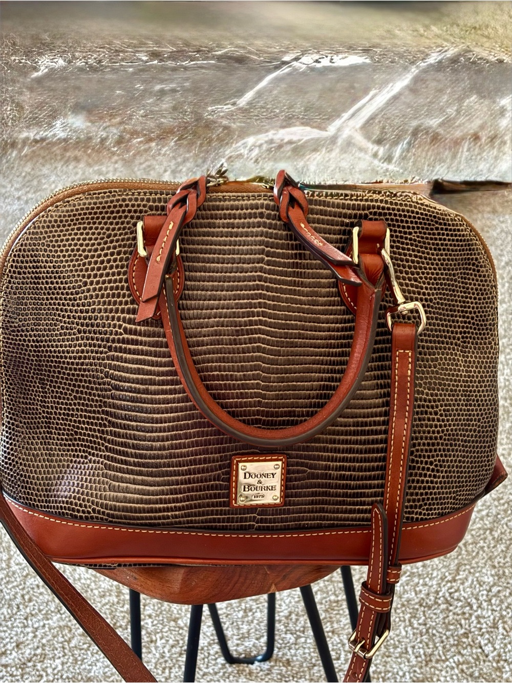 Dooney & Bourke Brown Lizard-Embossed Satchel with Tan Trim
